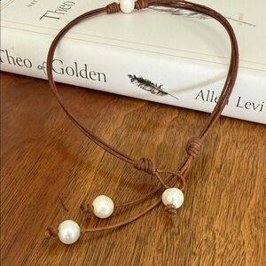 Chic brown leather  Cord Necklace with White Accents